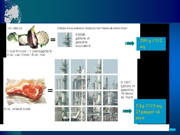 200 g CO 2 eq. 5 kg CO 2 -eq, 25 ganger så mye