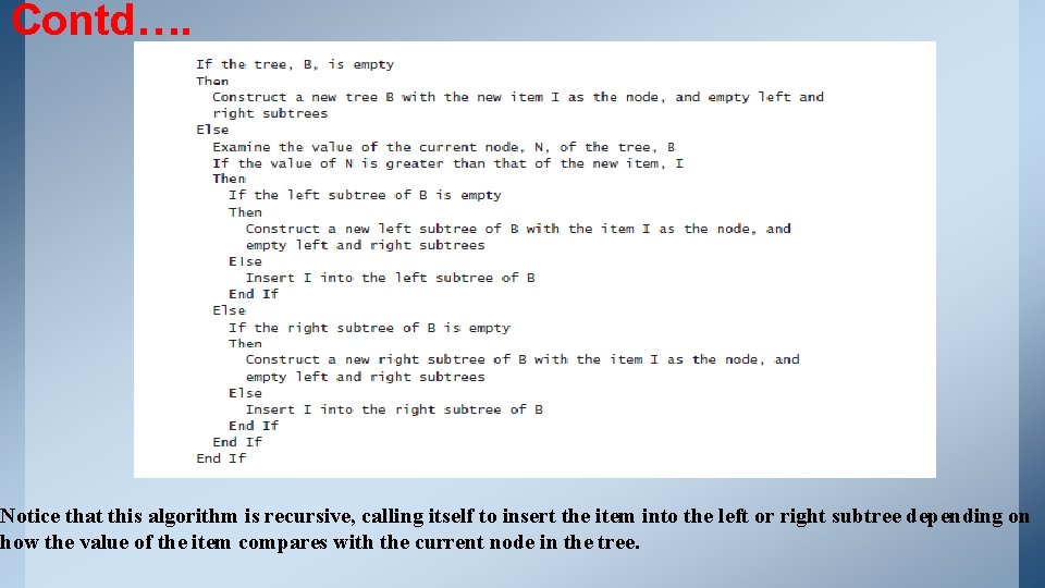 Contd…. Notice that this algorithm is recursive, calling itself to insert the item into Contd…. Notice that this algorithm is recursive, calling itself to insert the item into