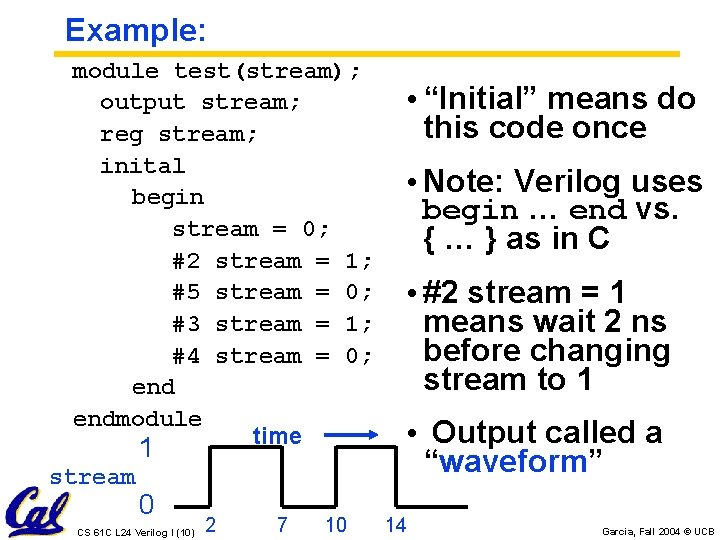 Example: module test(stream); output stream; reg stream; inital begin stream = 0; #2 stream Example: module test(stream); output stream; reg stream; inital begin stream = 0; #2 stream