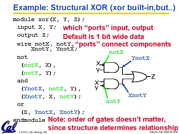 Example: Structural XOR (xor built-in, but. . ) module xor(X, Y, Z); input X, Example: Structural XOR (xor built-in, but. . ) module xor(X, Y, Z); input X,