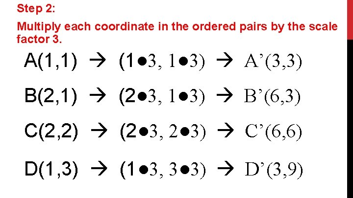 Step 2: Multiply each coordinate in the ordered pairs by the scale factor 3.