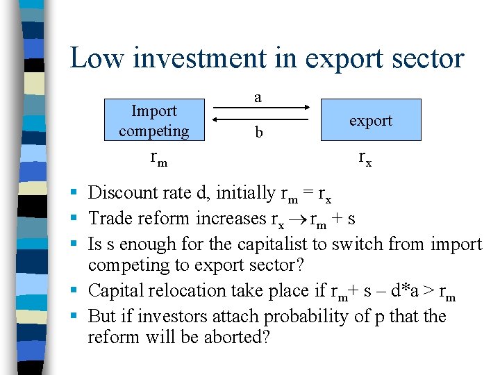 Low investment in export sector Import competing rm a b export rx § Discount