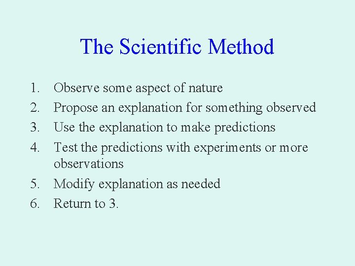 The Scientific Method 1. 2. 3. 4. Observe some aspect of nature Propose an