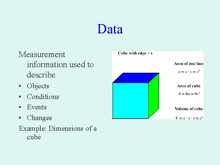 Data Measurement information used to describe • Objects • Conditions • Events • Changes