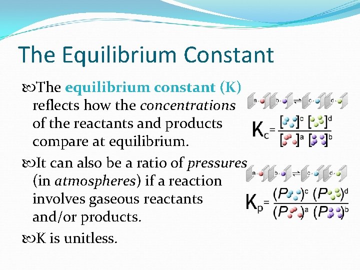 The Equilibrium Constant The equilibrium constant (K) reflects how the concentrations of the reactants