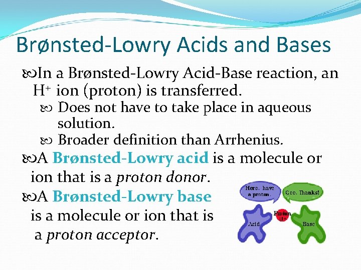 Brønsted-Lowry Acids and Bases In a Brønsted-Lowry Acid-Base reaction, an H+ ion (proton) is