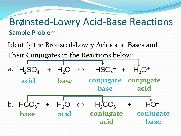 Brønsted-Lowry Acid-Base Reactions Sample Problem Identify the Brønsted-Lowry Acids and Bases and Their Conjugates