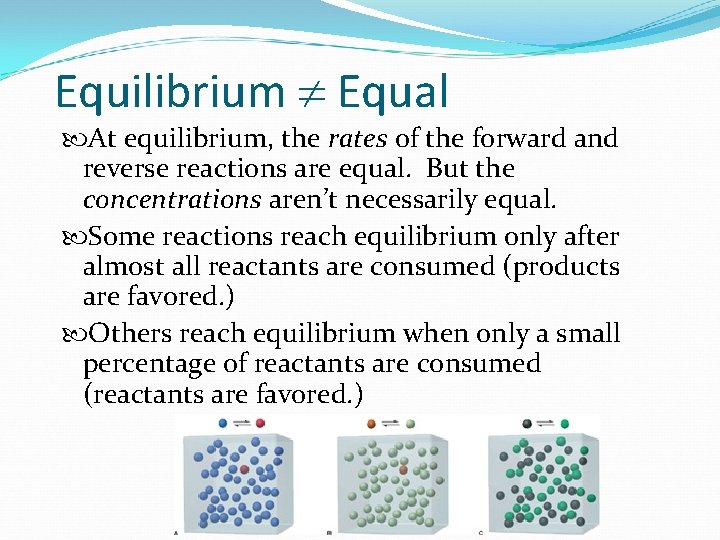 Equilibrium Equal At equilibrium, the rates of the forward and reverse reactions are equal.