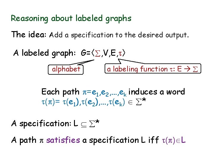 Reasoning about labeled graphs The idea: Add a specification to the desired output. A