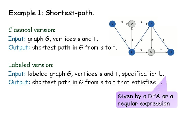 Example 1: Shortest-path. Classical version: Input: graph G, vertices s and t. Output: shortest