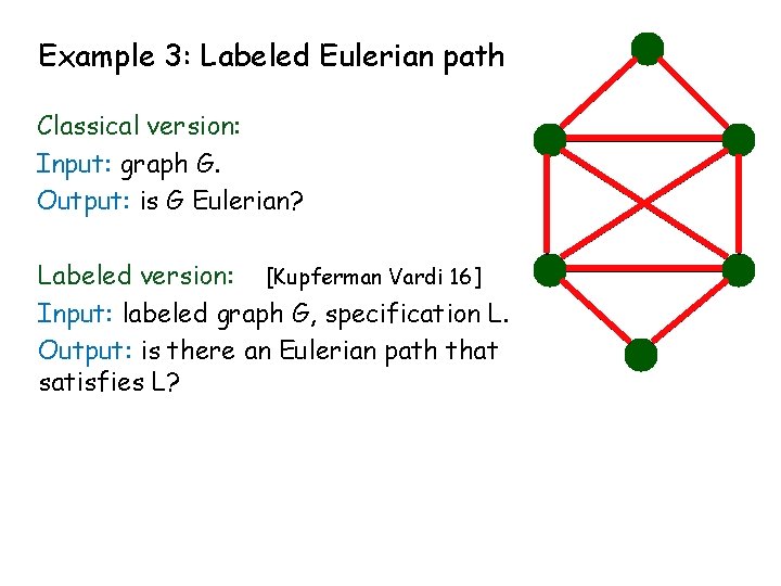 Example 3: Labeled Eulerian path Classical version: Input: graph G. Output: is G Eulerian?