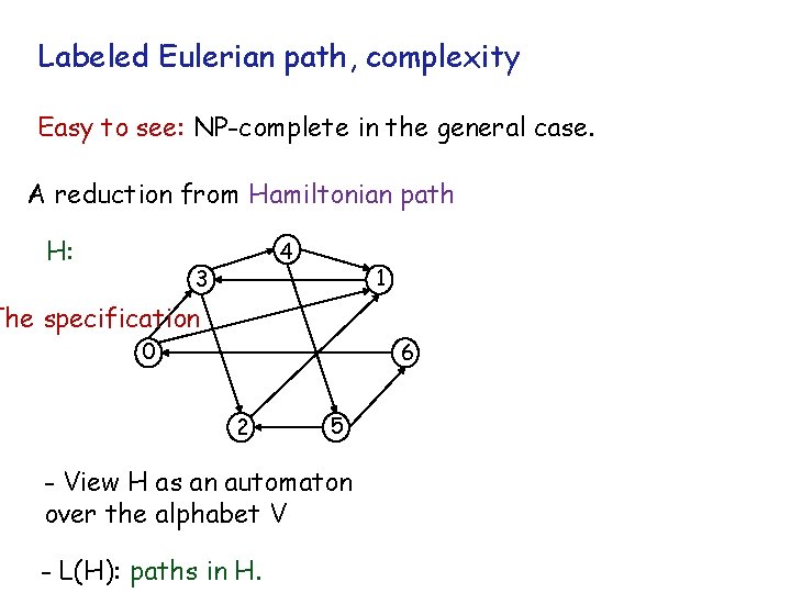 Labeled Eulerian path, complexity Easy to see: NP-complete in the general case. A reduction