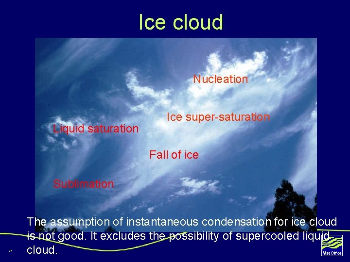 Ice cloud Nucleation Liquid saturation Ice super-saturation Fall of ice Sublimation 39 The assumption