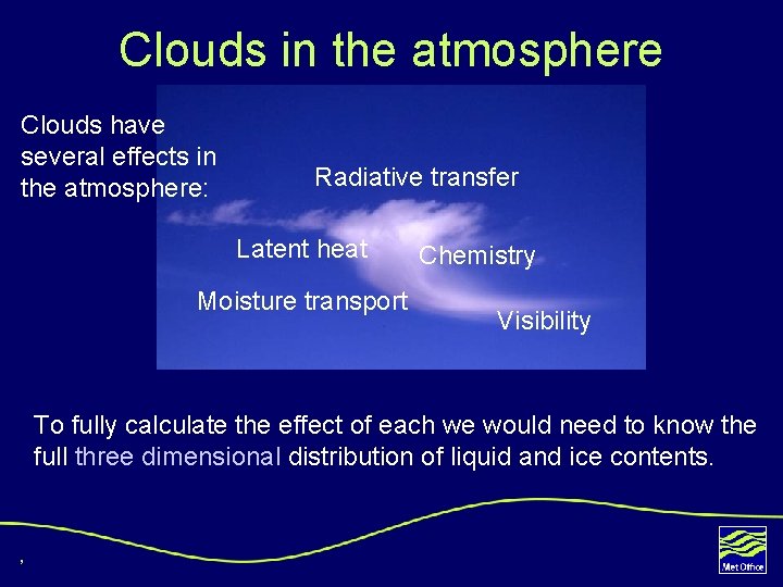 Clouds in the atmosphere Clouds have several effects in the atmosphere: Radiative transfer Latent