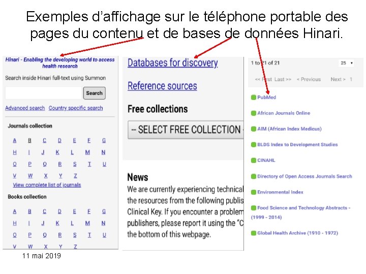 Exemples d’affichage sur le téléphone portable des pages du contenu et de bases de