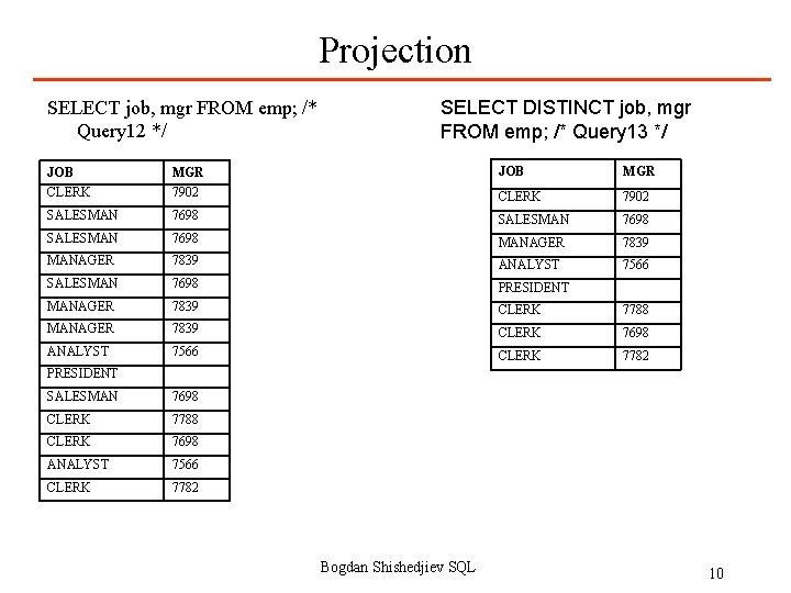 Projection SELECT job, mgr FROM emp; /* Query 12 */ SELECT DISTINCT job, mgr