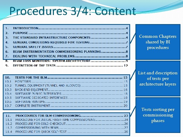 Procedures 3/4: Content Common Chapters shared by BI procedures List and description of tests