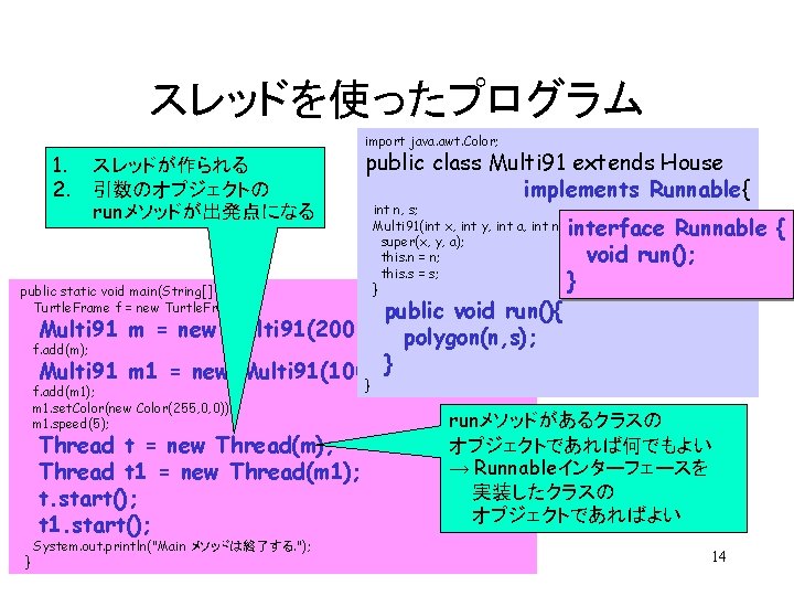 スレッドを使ったプログラム import java. awt. Color; 1. 2. スレッドが作られる 引数のオブジェクトの runメソッドが出発点になる public static void main(String[]