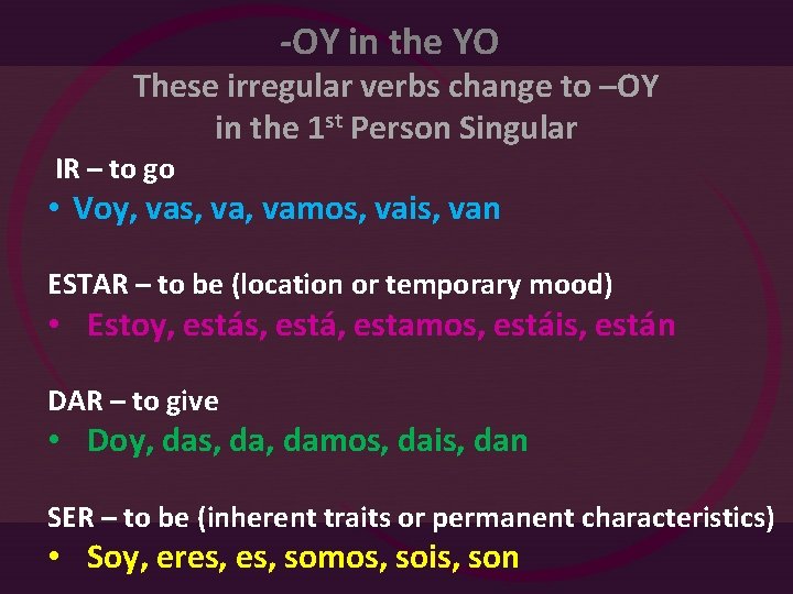 -OY in the YO These irregular verbs change to –OY in the 1 st
