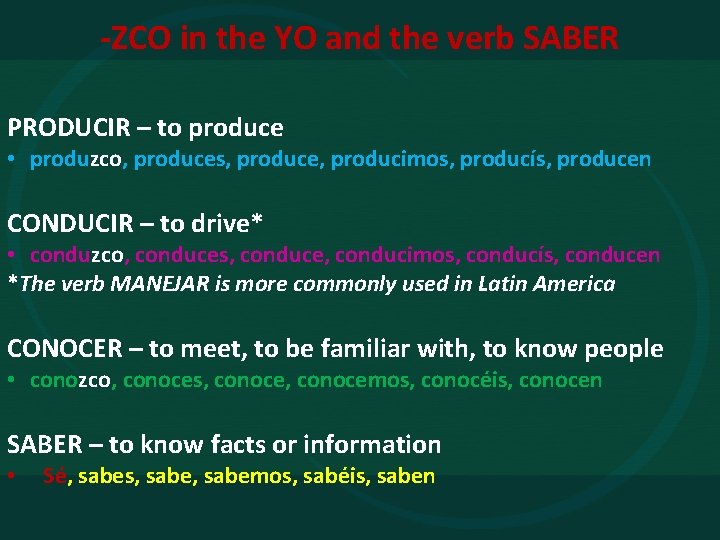 -ZCO in the YO and the verb SABER PRODUCIR – to produce • produzco,