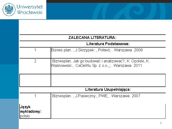 ZALECANA LITERATURA: Literatura Podstawowa: 1 Biznes plan. , J. Skrzypek: , Poltext, . Warszawa