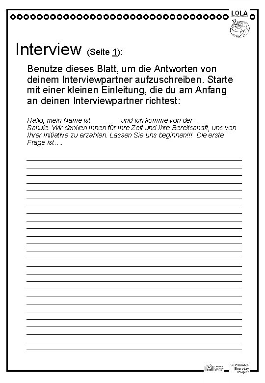 Interview (Seite 1): Benutze dieses Blatt, um die Antworten von deinem Interviewpartner aufzuschreiben. Starte