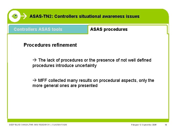 ASAS-TN 2: Controllers situational awareness issues Controllers ASAS tools ASAS procedures Procedures refinement à