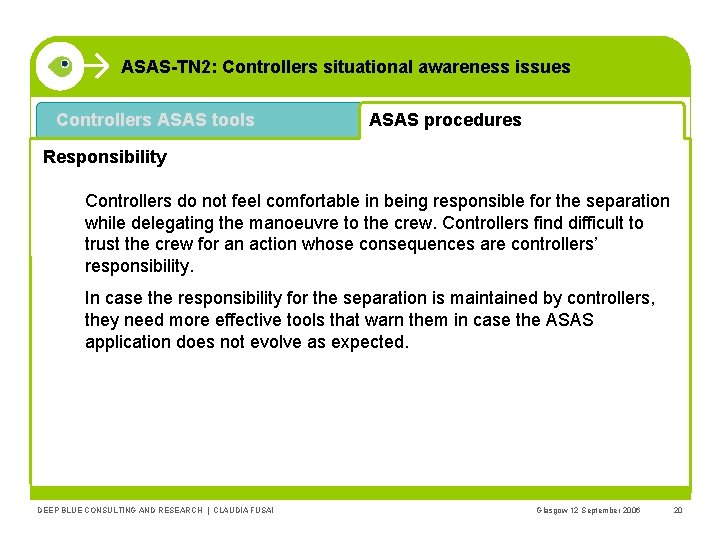 ASAS-TN 2: Controllers situational awareness issues Controllers ASAS tools ASAS procedures Responsibility Controllers do