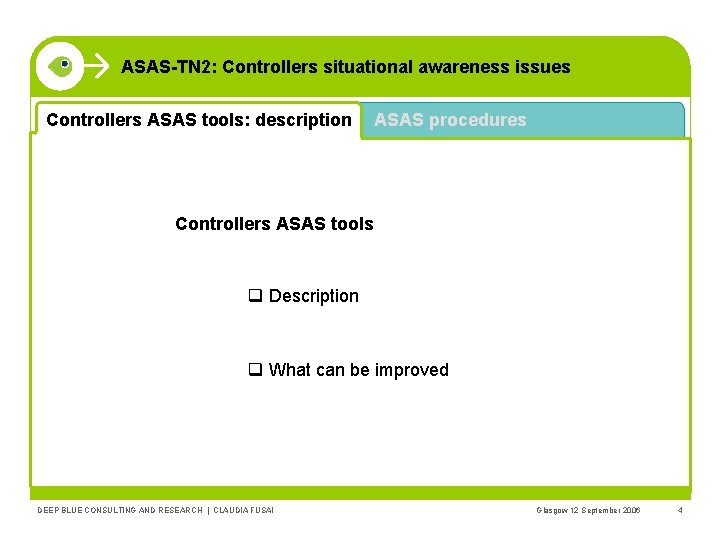 ASAS-TN 2: Controllers situational awareness issues Controllers ASAS tools: description ASAS procedures Controllers ASAS