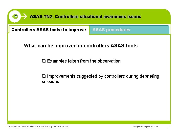 ASAS-TN 2: Controllers situational awareness issues Controllers ASAS tools: to improve ASAS procedures What
