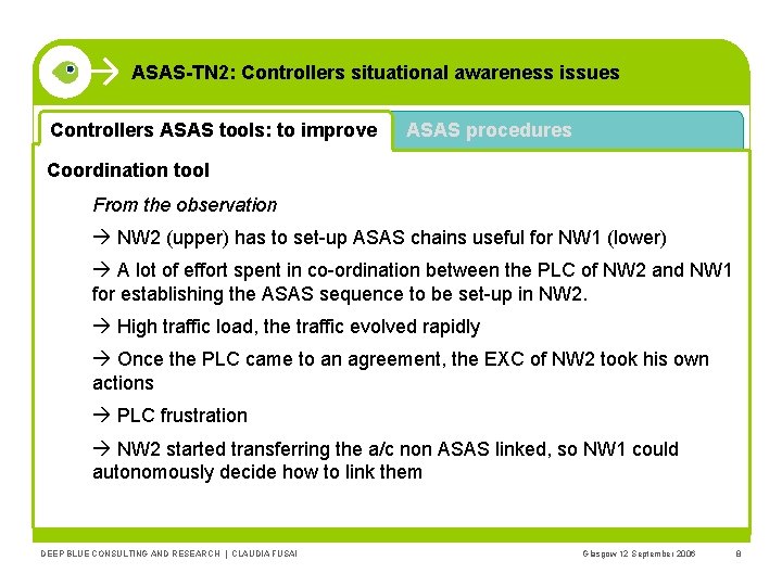 ASAS-TN 2: Controllers situational awareness issues Controllers ASAS tools: to improve ASAS procedures Coordination