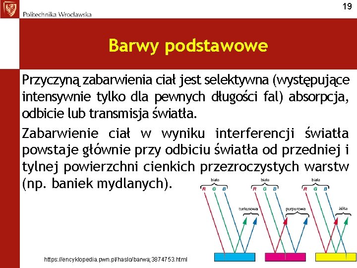 19 Barwy podstawowe Przyczyną zabarwienia ciał jest selektywna (występujące intensywnie tylko dla pewnych długości