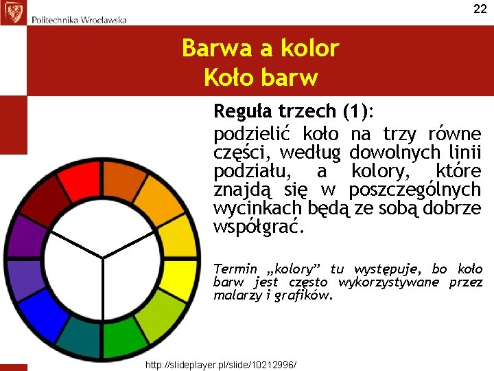 22 Barwa a kolor Koło barw Reguła trzech (1): podzielić koło na trzy równe