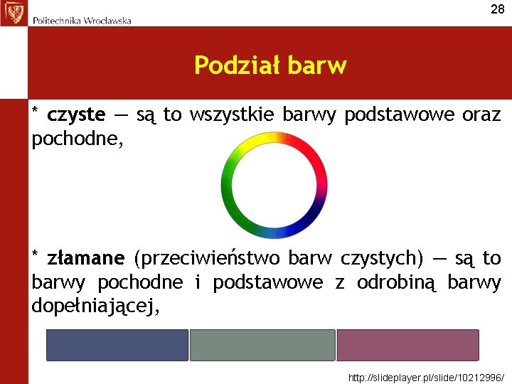 28 Podział barw * czyste — są to wszystkie barwy podstawowe oraz pochodne, *