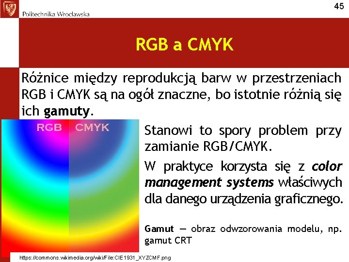 45 RGB a CMYK Różnice między reprodukcją barw w przestrzeniach RGB i CMYK są