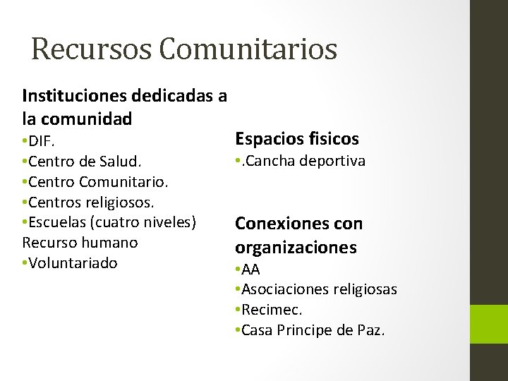 Recursos Comunitarios Instituciones dedicadas a la comunidad • DIF. • Centro de Salud. •