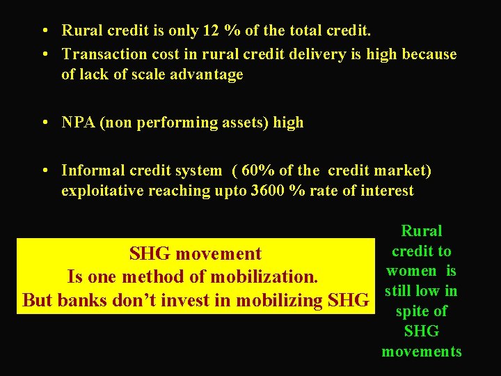  • Rural credit is only 12 % of the total credit. • Transaction