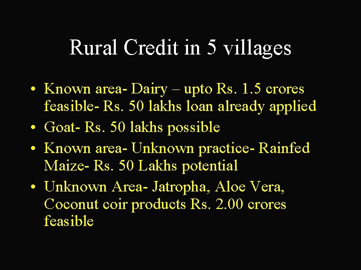 Rural Credit in 5 villages • Known area- Dairy – upto Rs. 1. 5