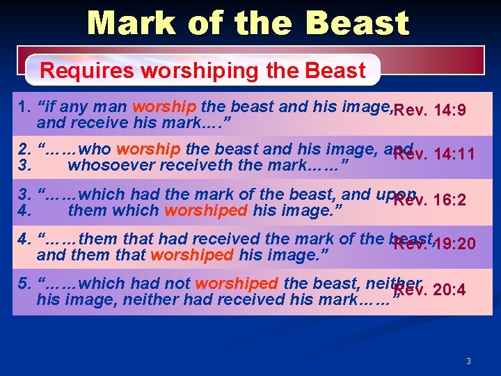 Mark of the Beast Requires worshiping the Beast 1. “if any man worship the