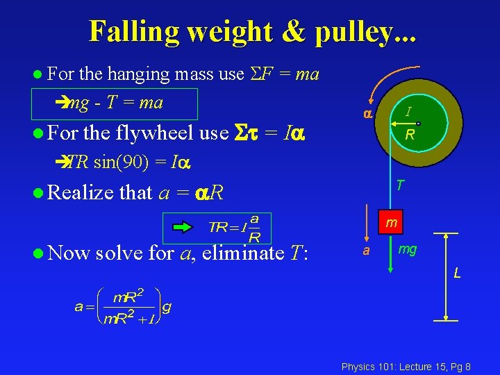 Falling weight & pulley. . . l For the hanging mass use SF =