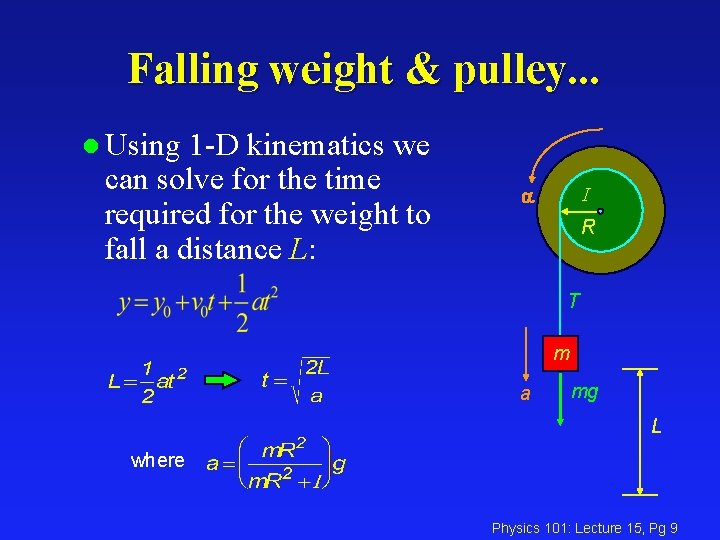 Falling weight & pulley. . . l Using 1 -D kinematics we can solve