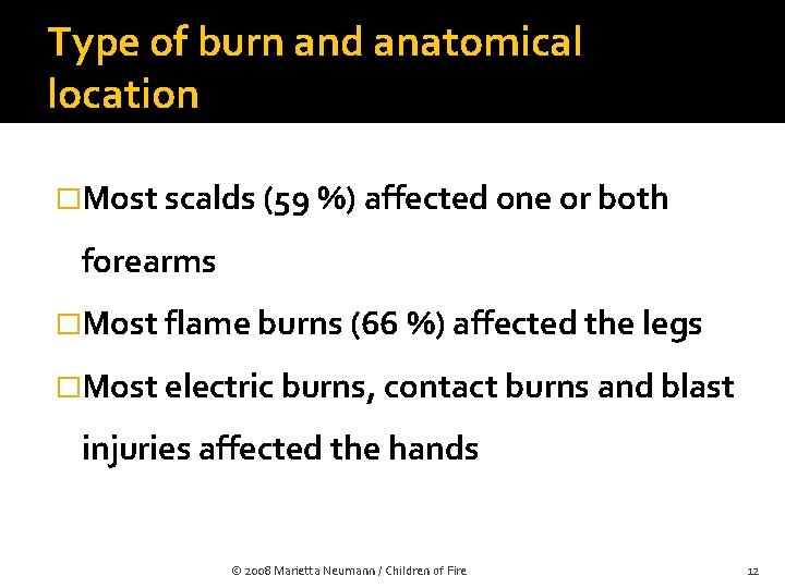 Type of burn and anatomical location �Most scalds (59 %) affected one or both