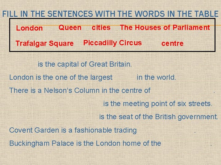FILL IN THE SENTENCES WITH THE WORDS IN THE TABLE London Queen Trafalgar Square