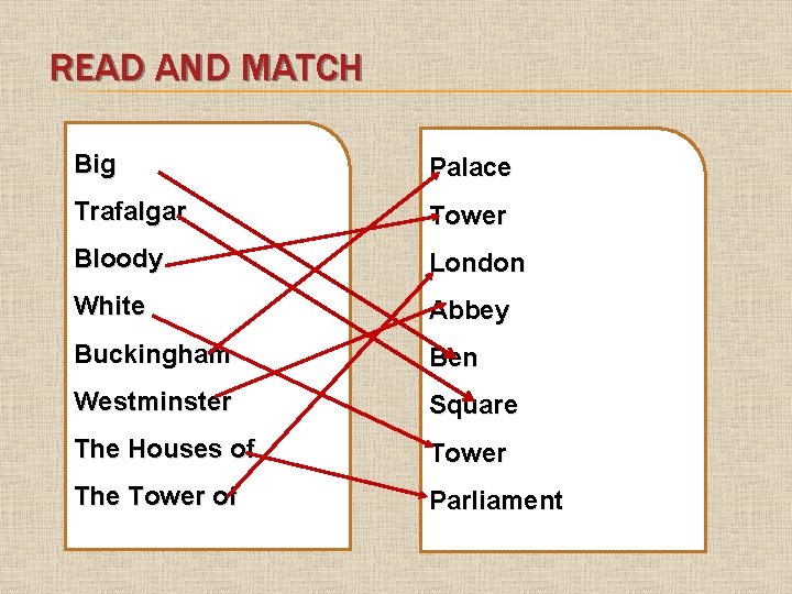 READ AND MATCH Big Palace Trafalgar Tower Bloody London White Abbey Buckingham Ben Westminster