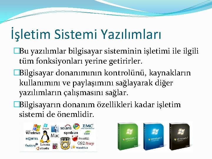 İşletim Sistemi Yazılımları �Bu yazılımlar bilgisayar sisteminin işletimi ile ilgili tüm fonksiyonları yerine getirirler.