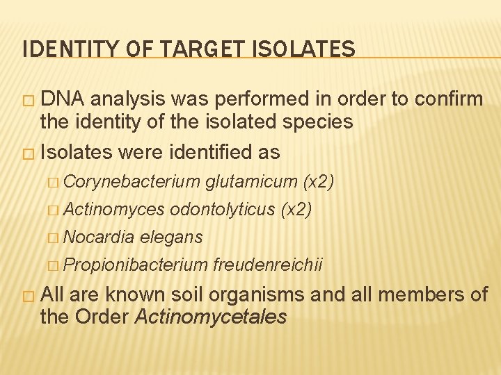 IDENTITY OF TARGET ISOLATES � DNA analysis was performed in order to confirm the