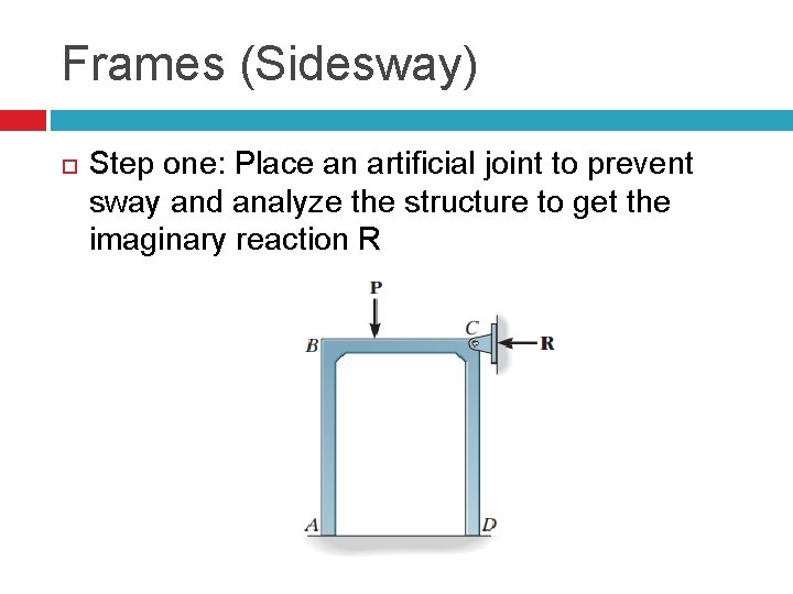 Frames (Sidesway) Step one: Place an artificial joint to prevent sway and analyze the