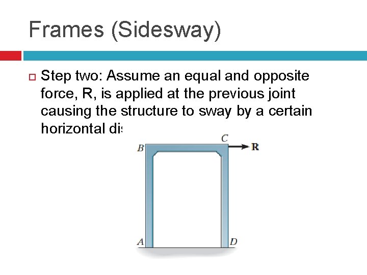 Frames (Sidesway) Step two: Assume an equal and opposite force, R, is applied at