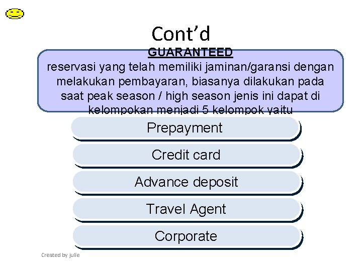 Cont’d GUARANTEED reservasi yang telah memiliki jaminan/garansi dengan melakukan pembayaran, biasanya dilakukan pada saat