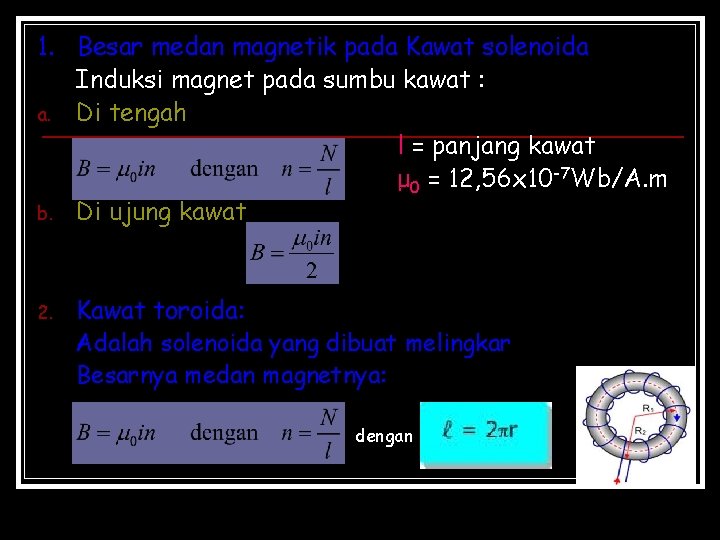 1. Besar medan magnetik pada Kawat solenoida Induksi magnet pada sumbu kawat : a.